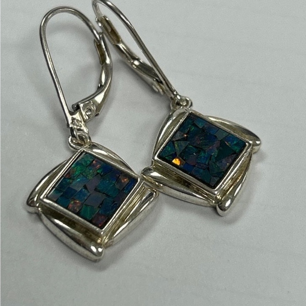 Vintage sterling silver Whitney Kelly Opal Mosaic square drop earrings - Picture 6 of 13